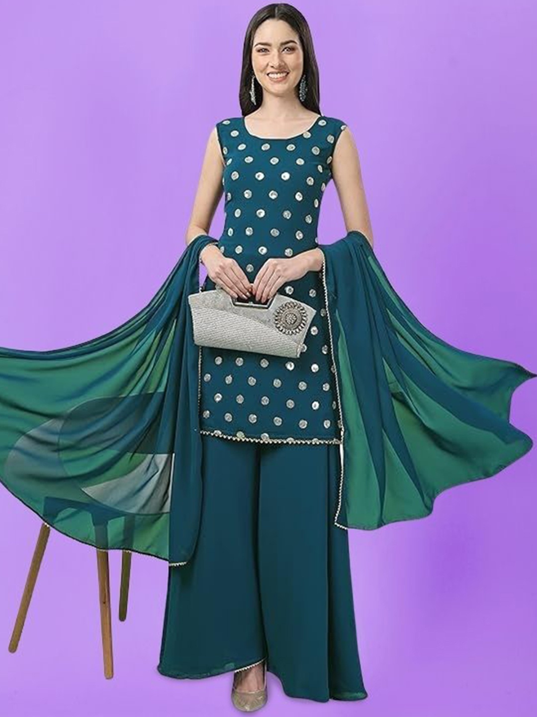PARROT CREATION Geometric Embroidered Sequinned Georgette Kurti with Sharara And Dupatta, Turquoise blue
PARROT CREATION Geometric Embroidered Sequinned Georgette Kurti with Sharara And Dupatta, Turquoise blue