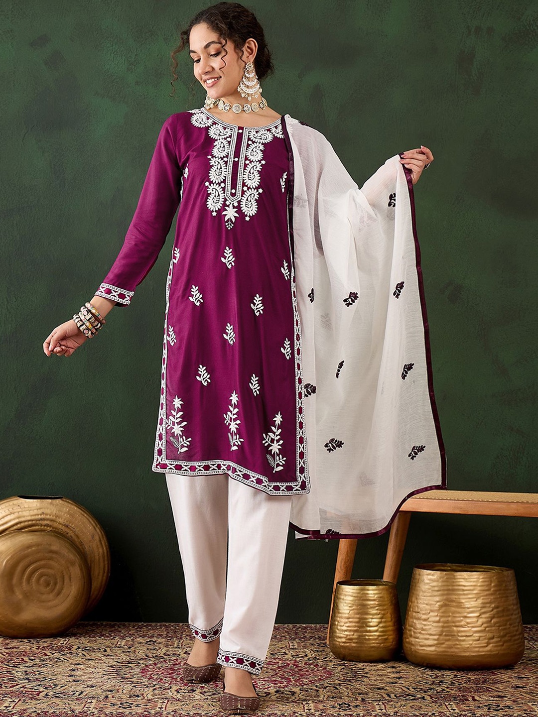 MANVAA Floral Embroidered Straight Thread Work Kurta With Trousers And Dupatta, Purple
MANVAA Floral Embroidered Straight Thread Work Kurta With Trousers And Dupatta, Purple