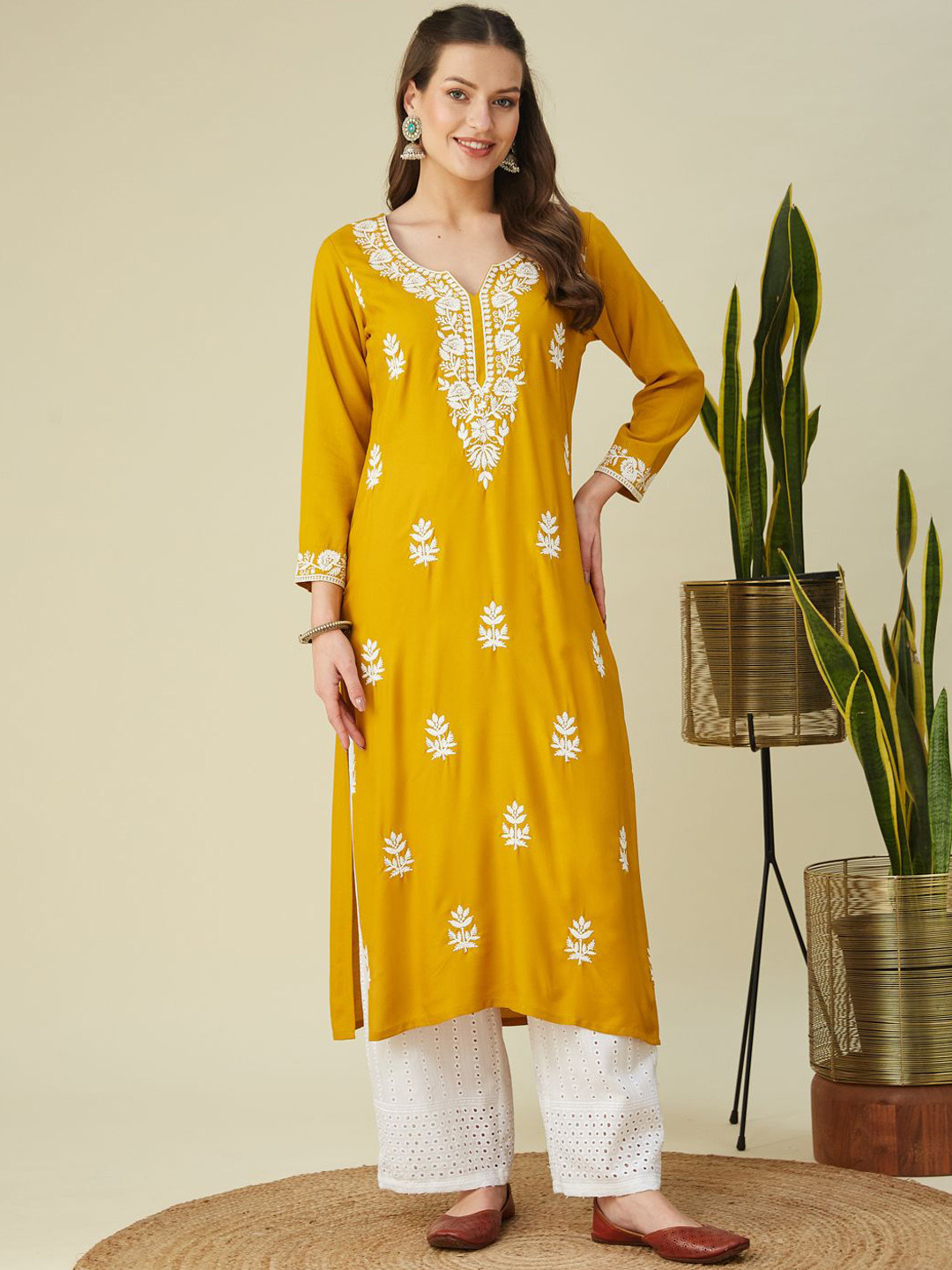 Colors of Earth Floral Embroidered Thread Work Notch Neck Straight Kurta With Palazzos, Mustard 
Colors of Earth Floral Embroidered Thread Work Notch Neck Straight Kurta With Palazzos, Mustard