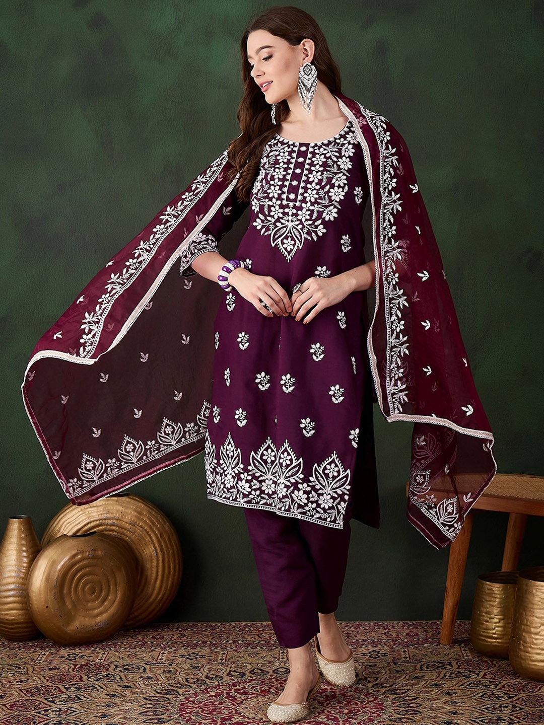 MANVAA Floral Embroidered Thread Work Round Neck Kurta with Salwar & Dupatta, Purple
MANVAA Floral Embroidered Thread Work Round Neck Kurta with Salwar & Dupatta, Purple
