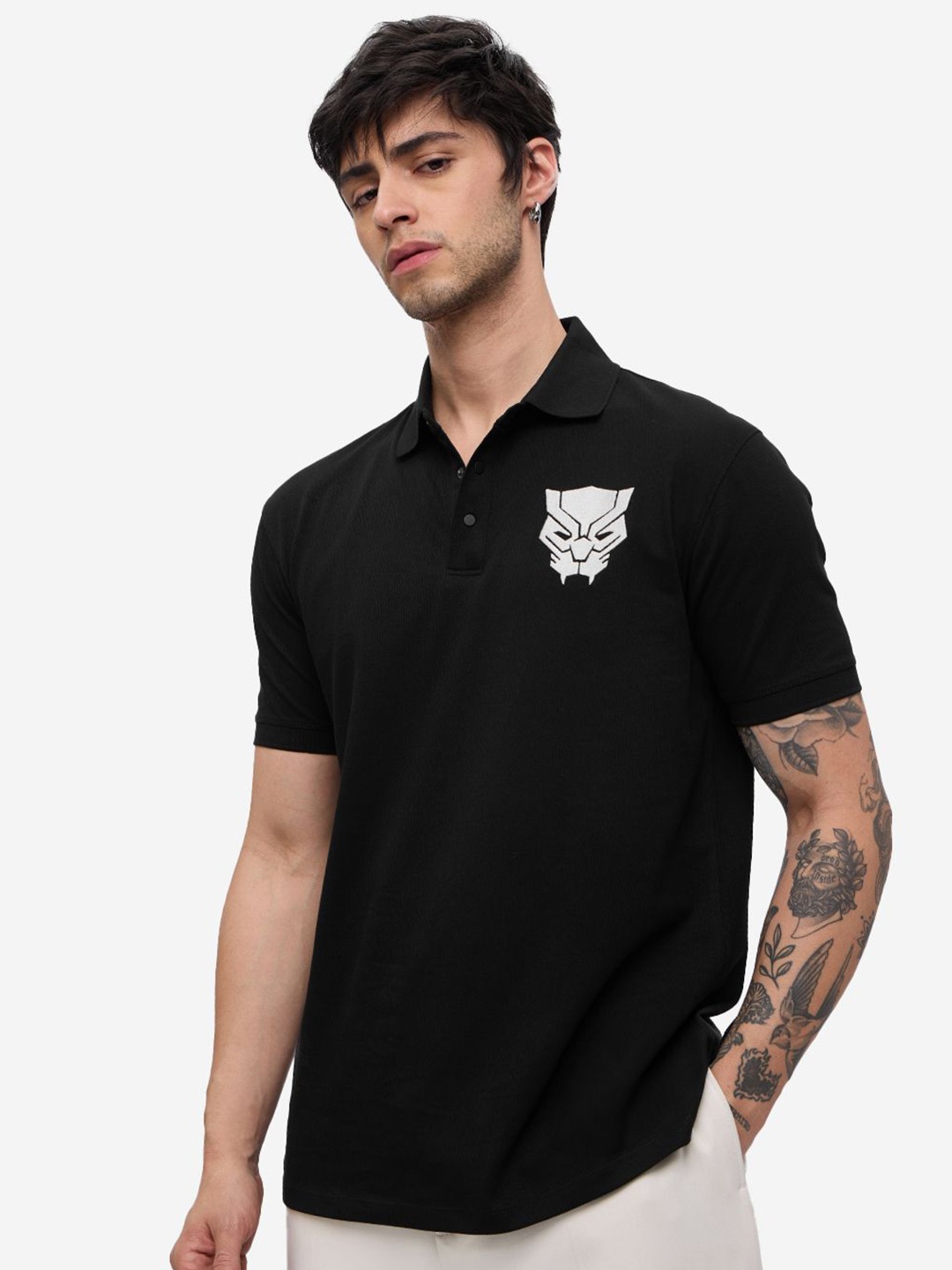 The Souled Store Men Black Panther Superhero Printed Polo Collar Cotton T-shirt
The Souled Store Men Black Panther Superhero Printed Polo Collar Cotton T-shirt