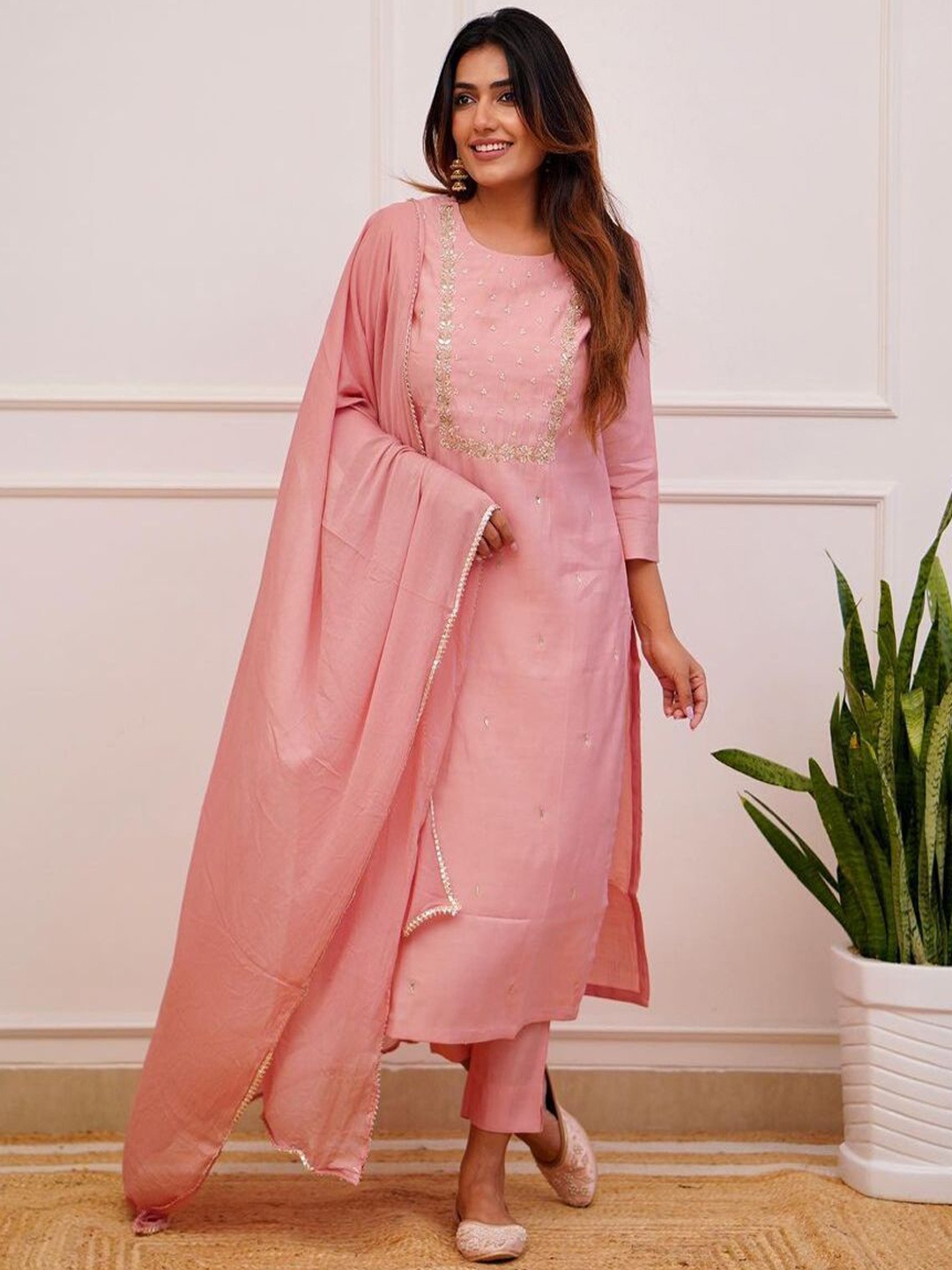 ASCIIBLUES Floral Embroidered Gotta Patti Round Neck Kurta With Trousers & Dupatta, Peach
ASCIIBLUES Floral Embroidered Gotta Patti Round Neck Kurta With Trousers & Dupatta, Peach
