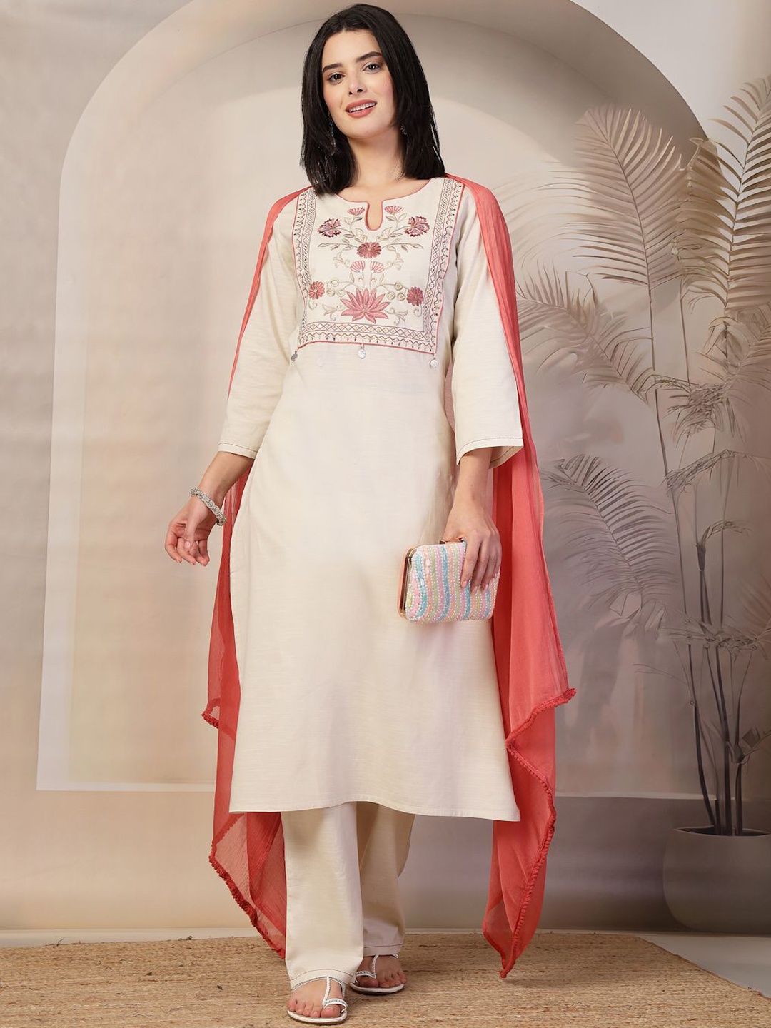 Nayam By Lakshita Floral Embroidered Cotton Straight Kurta with Palazzos & Dupatta, Off white
Nayam By Lakshita Floral Embroidered Cotton Straight Kurta with Palazzos & Dupatta, Off white