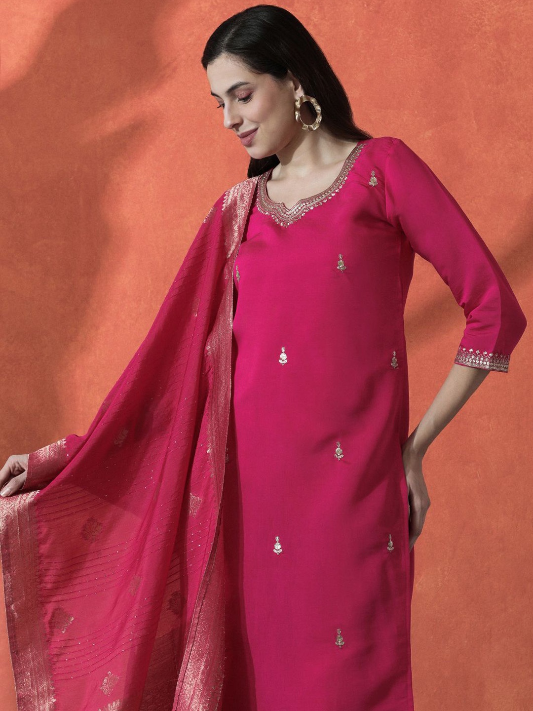 Sangria Pink Floral Embroidered Sequnnied Straight Kurta With Trousers And Dupatta
Sangria Pink Floral Embroidered Sequnnied Straight Kurta With Trousers And Dupatta
