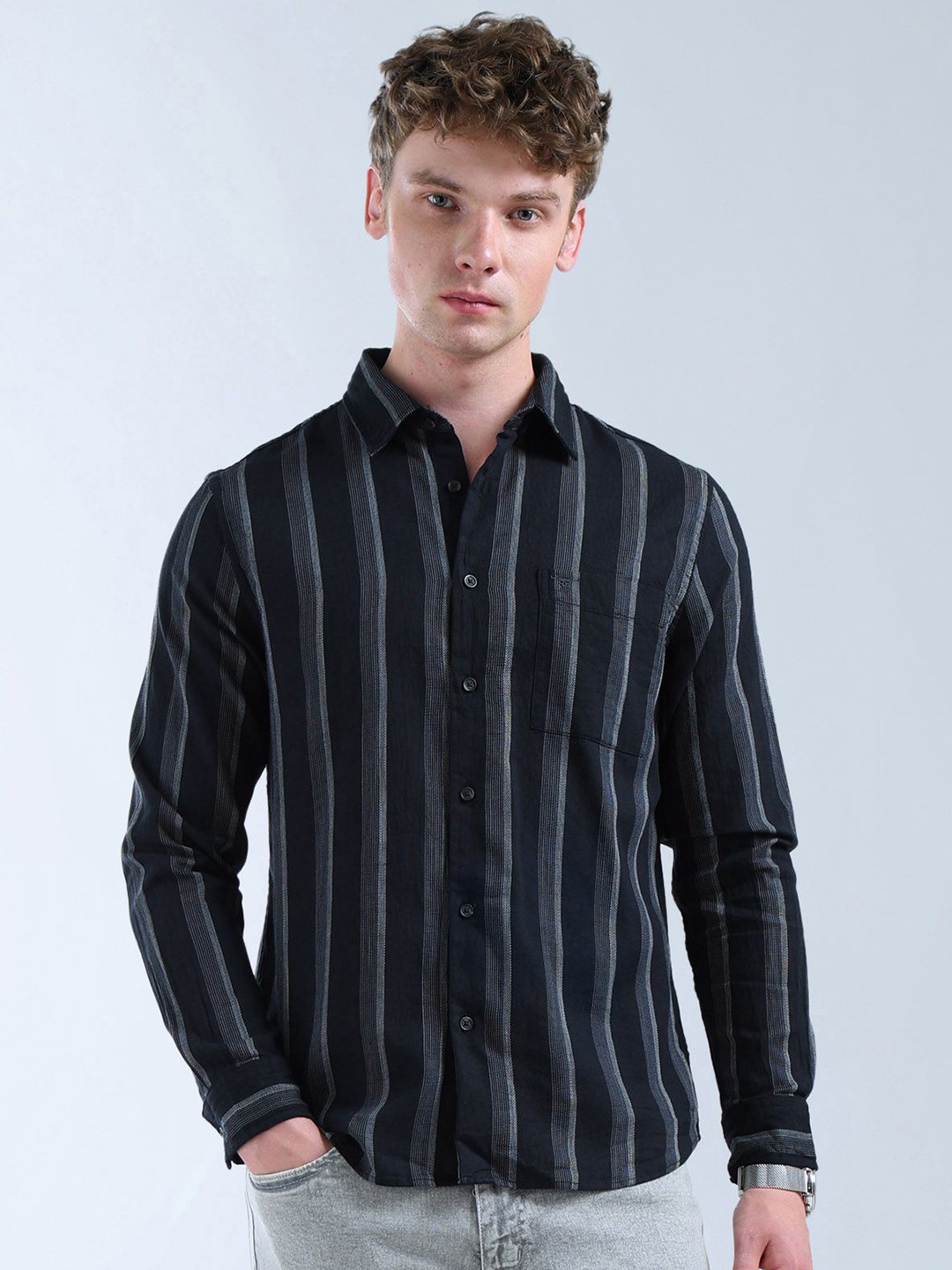 Flying Machine Men Classic Fit Spread Collar Vertical Striped Cotton Casual Shirt, Black
Flying Machine Men Classic Fit Spread Collar Vertical Striped Cotton Casual Shirt, Black
