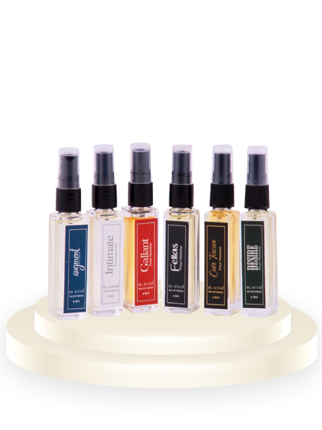 Bel Avenir Men Set Of 6 Augment, Intimate, Cuir Toscan, Gallant & Desire EDP 8ml Each, Transparent
Bel Avenir Men Set Of 6 Augment, Intimate, Cuir Toscan, Gallant & Desire EDP 8ml Each, Transparent