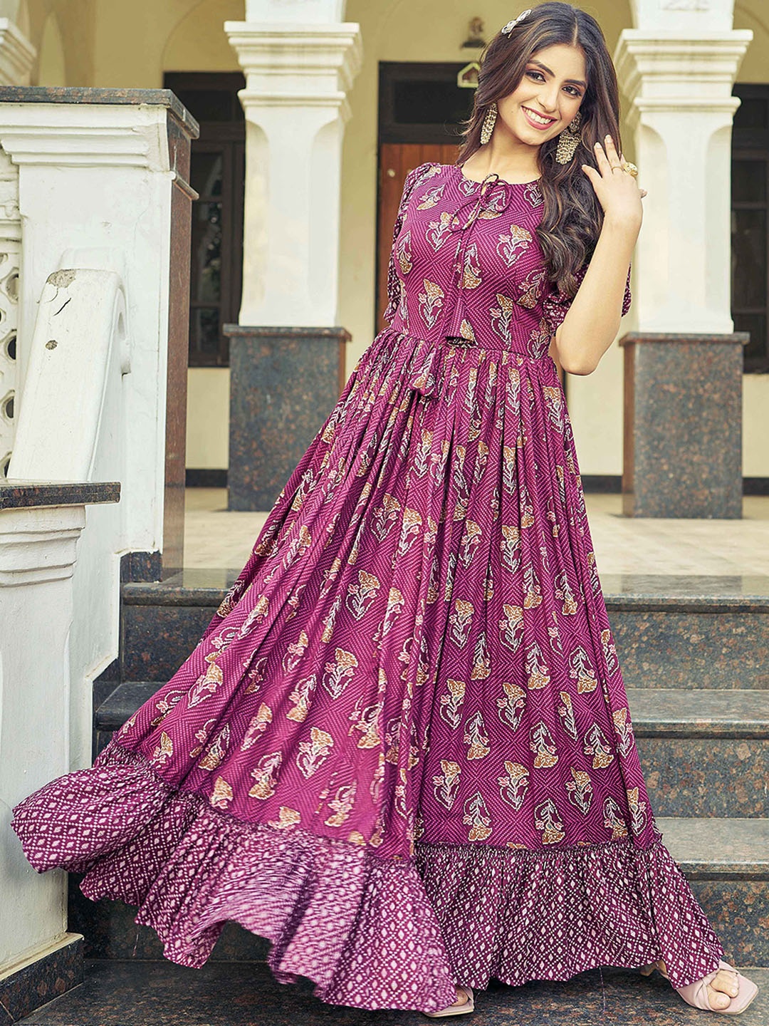 Chandbaali Women Floral Printed Round Neck Puff Sleeves Gown Tiered Ethnic Dresses, Burgundy
Chandbaali Women Floral Printed Round Neck Puff Sleeves Gown Tiered Ethnic Dresses, Burgundy