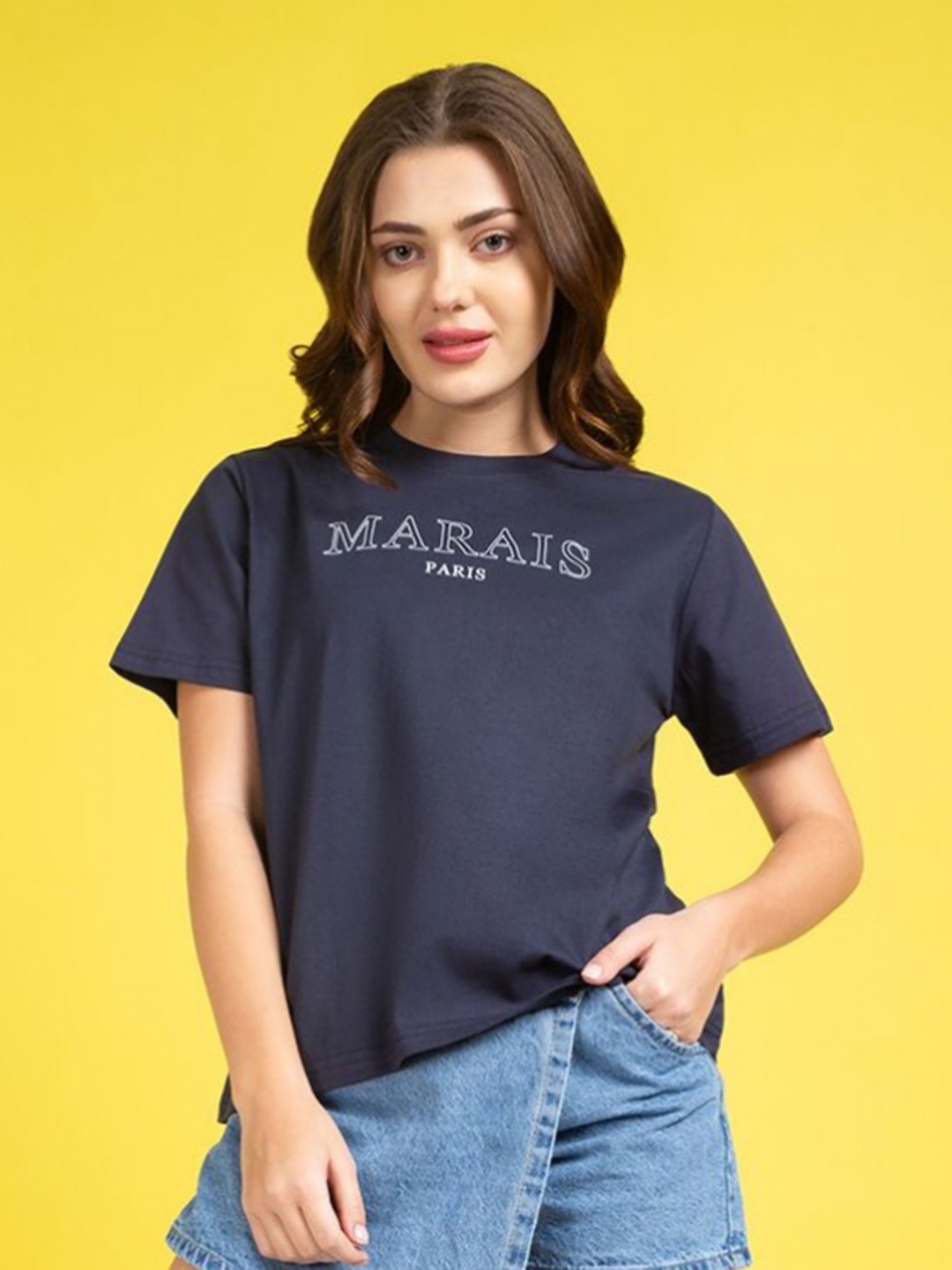Mast & Harbour Women Typography Printed Round Neck Cotton Oversized T-shirt, Navy blue
Mast & Harbour Women Typography Printed Round Neck Cotton Oversized T-shirt, Navy blue