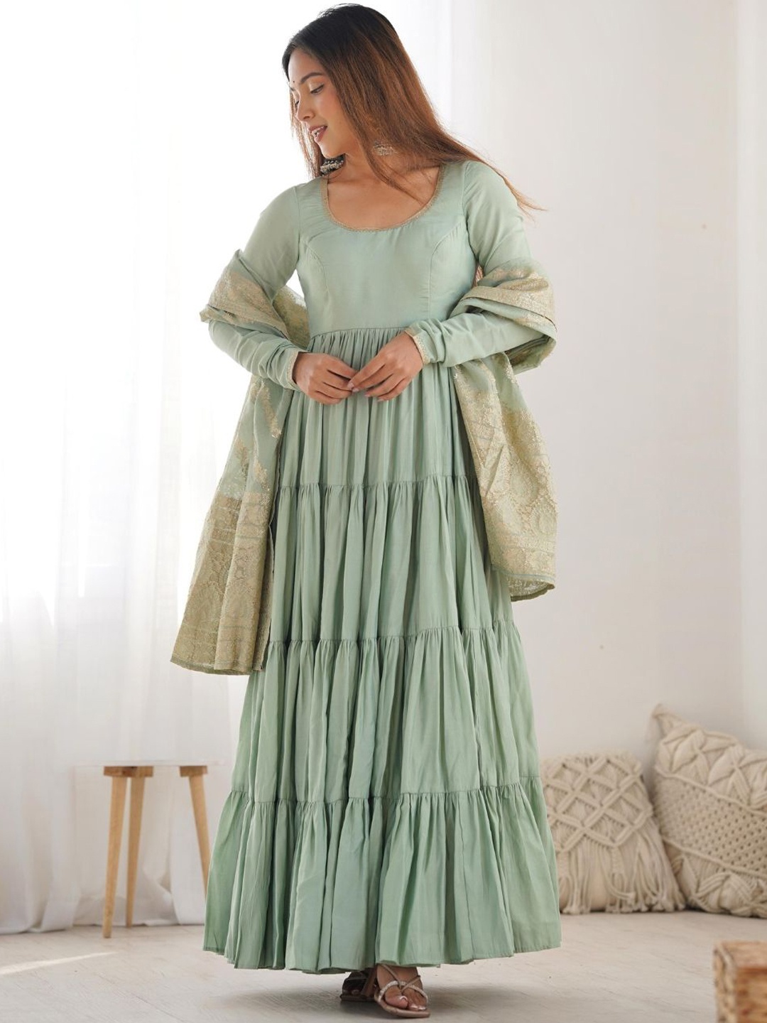 Fusionic Tiered Round Neck Chanderi Silk Anarkali Kurta With Trousers & Dupatta, Green
Fusionic Tiered Round Neck Chanderi Silk Anarkali Kurta With Trousers & Dupatta, Green