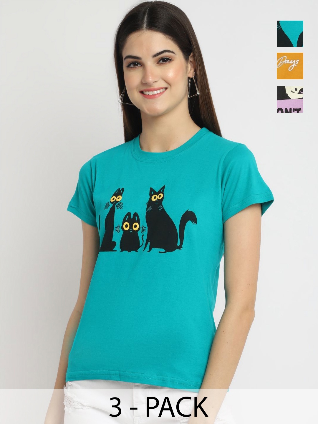 Dreambe Women Pack Of 3 Typography Printed Round Neck Cotton T-shirts, Turquoise blue
Dreambe Women Pack Of 3 Typography Printed Round Neck Cotton T-shirts, Turquoise blue