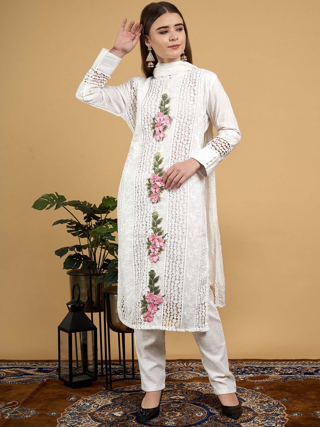 SRIHA Floral Self Design Mandarin Collar Organic Cotton Kurta With Trousers & Dupatta, White
SRIHA Floral Self Design Mandarin Collar Organic Cotton Kurta With Trousers & Dupatta, White