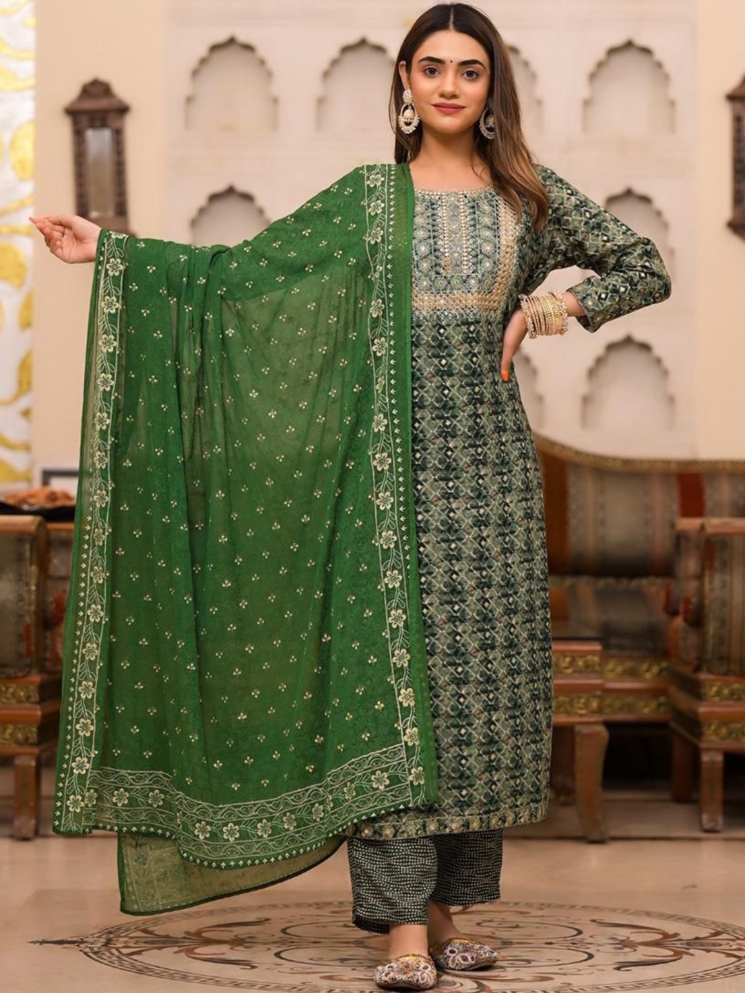 Gauric creation Ethnic Motifs Printed Mirror Work Straight Kurta With Trousers And Dupatta, Green
Gauric creation Ethnic Motifs Printed Mirror Work Straight Kurta With Trousers And Dupatta, Green