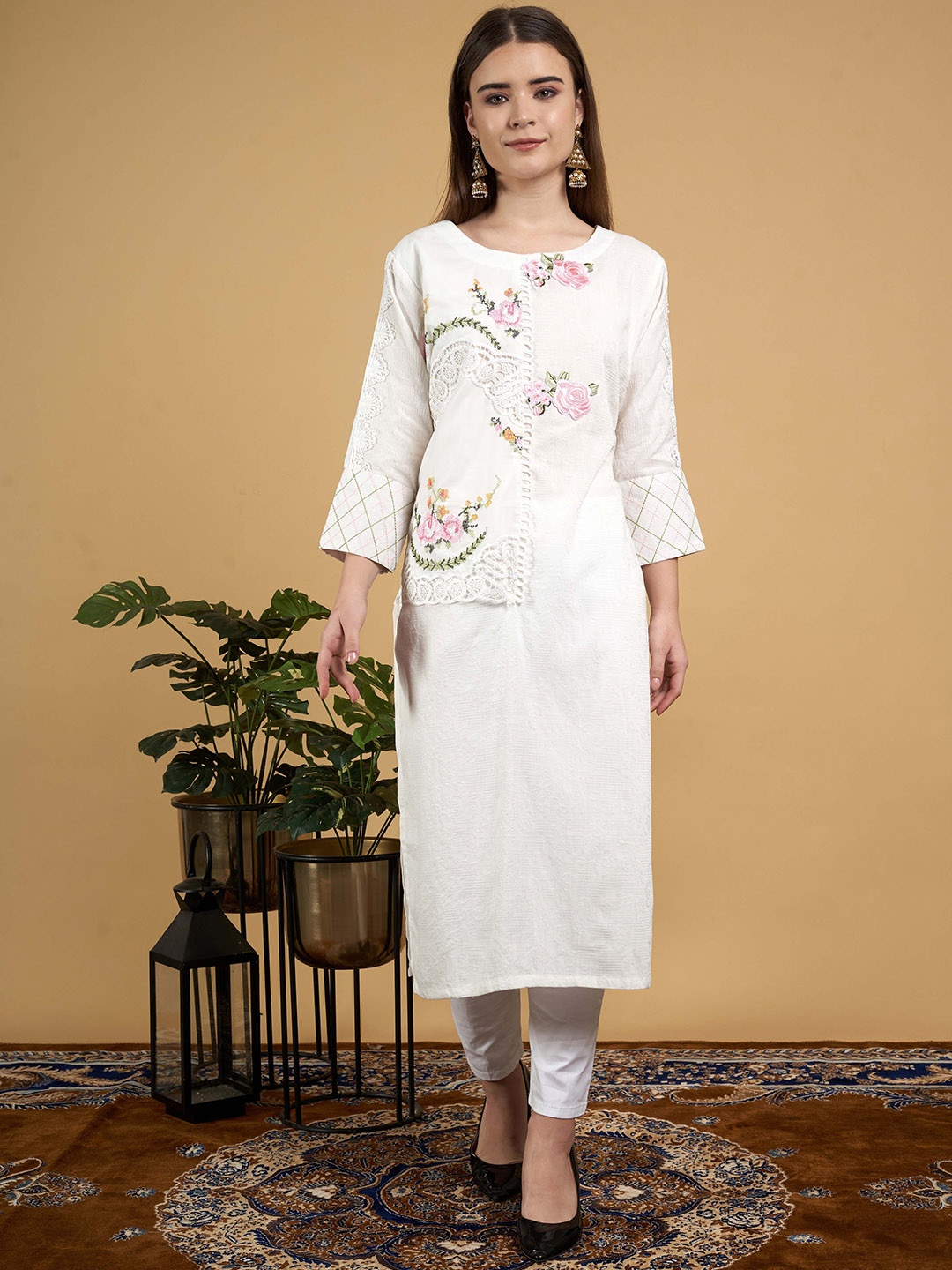 SRIHA Woven Design Floral Embroidered Patchwork Organic Cotton Straight Kurta With Trouser, White
SRIHA Woven Design Floral Embroidered Patchwork Organic Cotton Straight Kurta With Trouser, White