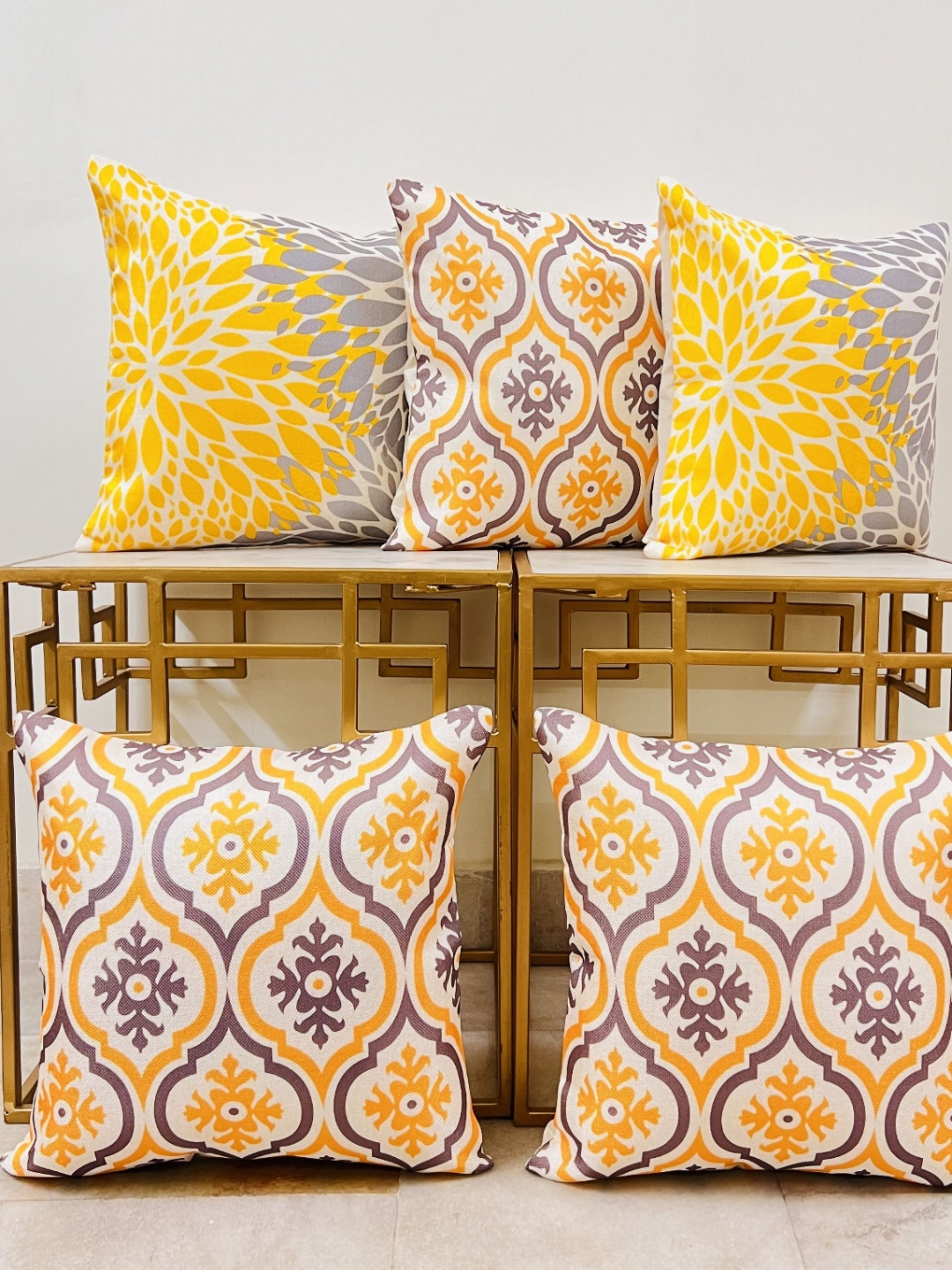 DIHIKA Yellow & Grey 5 Pieces Floral Printed Jute Cotton Square Pillow Covers 
DIHIKA Yellow & Grey 5 Pieces Floral Printed Jute Cotton Square Pillow Covers