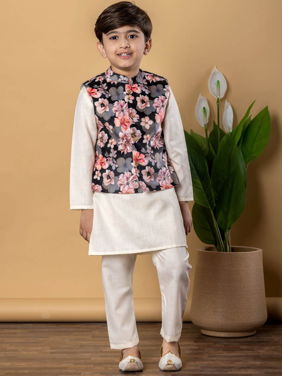 Readiprint Boys Mandarin Collar Linen Straight Kurta With Pyjamas & Nehru Jacket, Cream 
Readiprint Boys Mandarin Collar Linen Straight Kurta With Pyjamas & Nehru Jacket, Cream