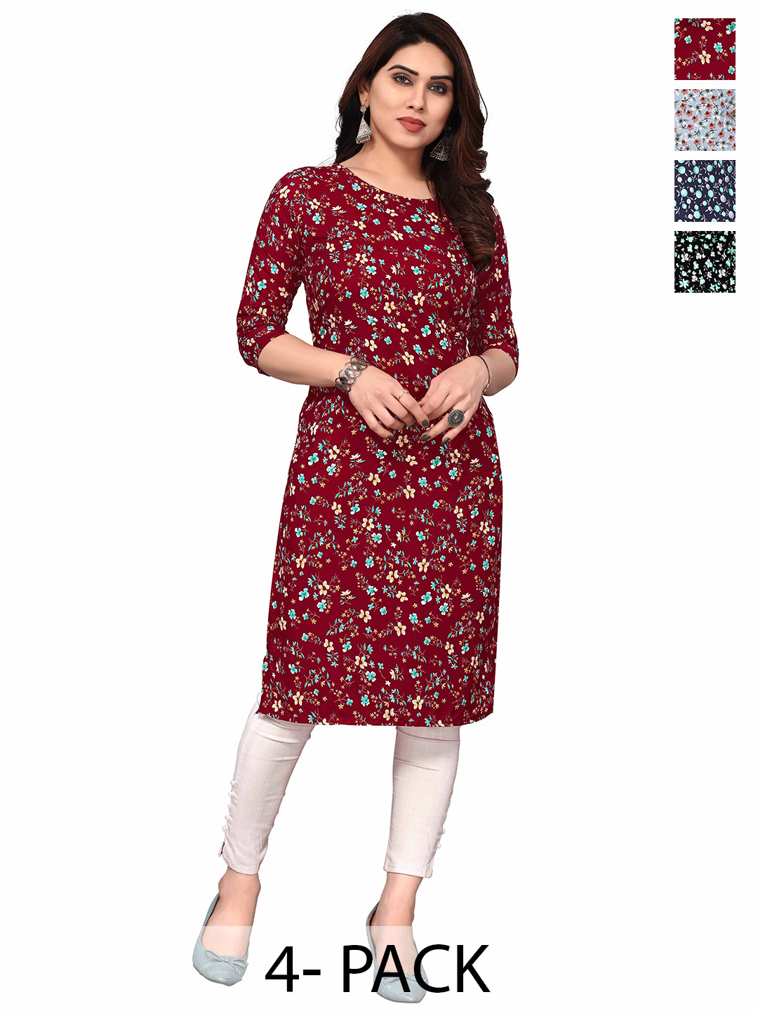 KETAKI FASHION Selection Of 4 Floral Printed Straight Kurtas, Red 
KETAKI FASHION Selection Of 4 Floral Printed Straight Kurtas, Red