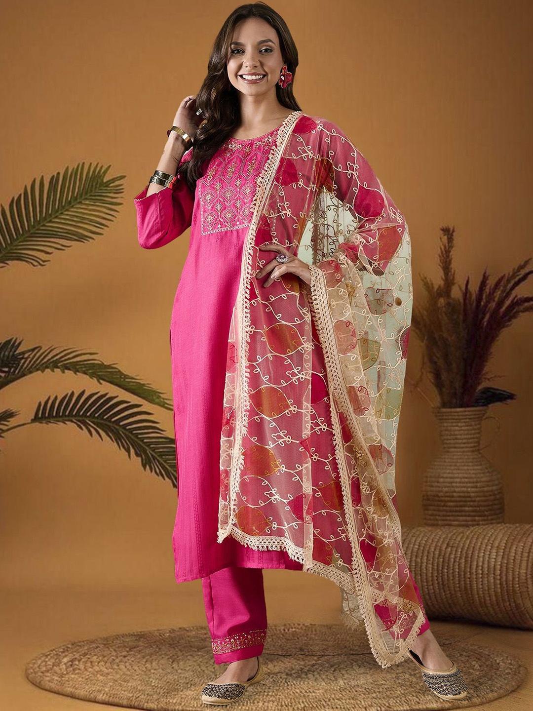 SheWill Floral Embroidered Round Neck Sequinned Straight Kurta With Trouser & Dupatta, Pink
SheWill Floral Embroidered Round Neck Sequinned Straight Kurta With Trouser & Dupatta, Pink