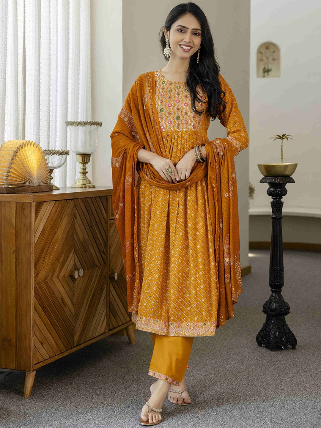 Gauric creation Floral Printed Embroidered Sequinned Kurta With Trousers And Dupatta, Mustard
Gauric creation Floral Printed Embroidered Sequinned Kurta With Trousers And Dupatta, Mustard