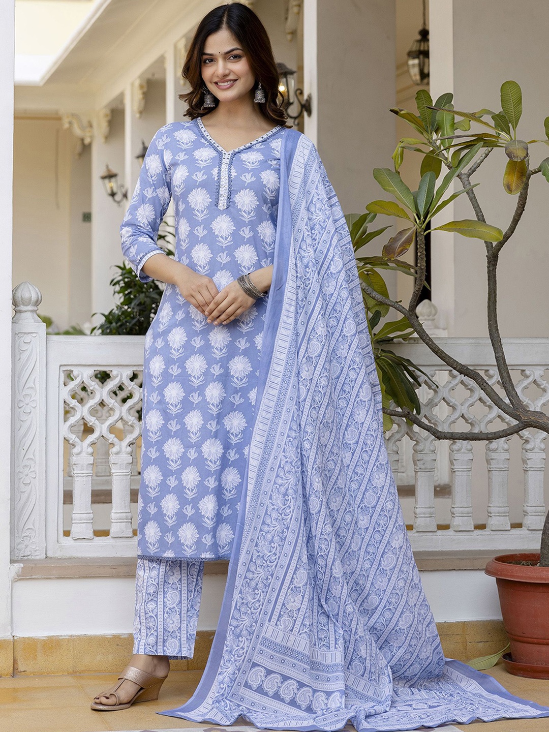 EthniFlair Floral Printed V-Neck Pure Cotton Straight Kurta With Trousers And Dupatta, Blue
EthniFlair Floral Printed V-Neck Pure Cotton Straight Kurta With Trousers And Dupatta, Blue
