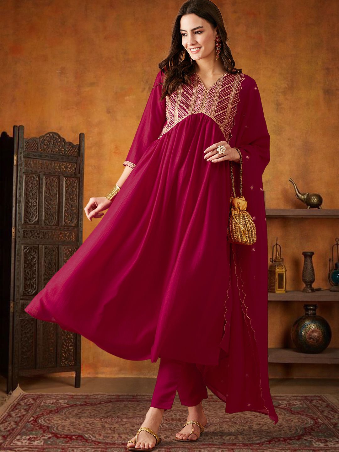 SheWill Floral Embroidered V-Neck Sequinned Empire Anarkali Kurta With Trouser & Dupatta, Pink
SheWill Floral Embroidered V-Neck Sequinned Empire Anarkali Kurta With Trouser & Dupatta, Pink