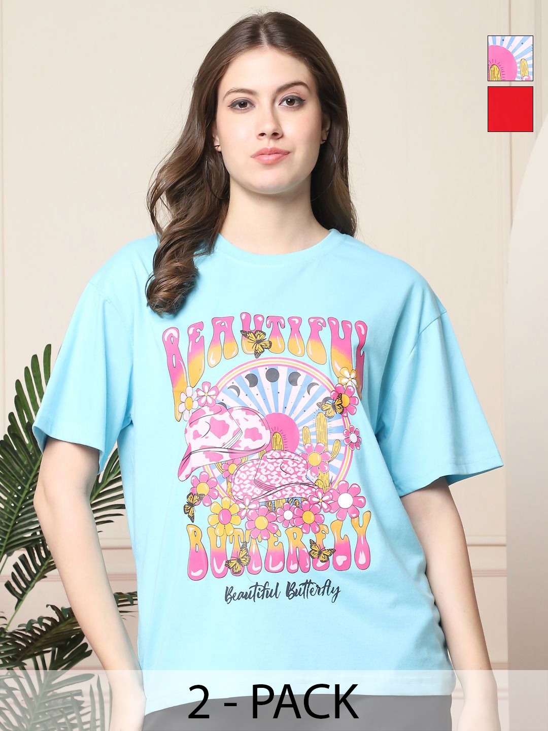 Dreambe Women Pack Of 2 Graphic Printed Round Neck Cotton Oversized T-shirts, Turquoise blue
Dreambe Women Pack Of 2 Graphic Printed Round Neck Cotton Oversized T-shirts, Turquoise blue