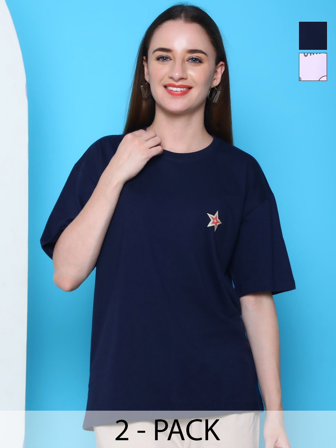 Dreambe Women Pack Of 2 Graphic Printed Round Neck Cotton Oversized T-shirts, Navy blue
Dreambe Women Pack Of 2 Graphic Printed Round Neck Cotton Oversized T-shirts, Navy blue