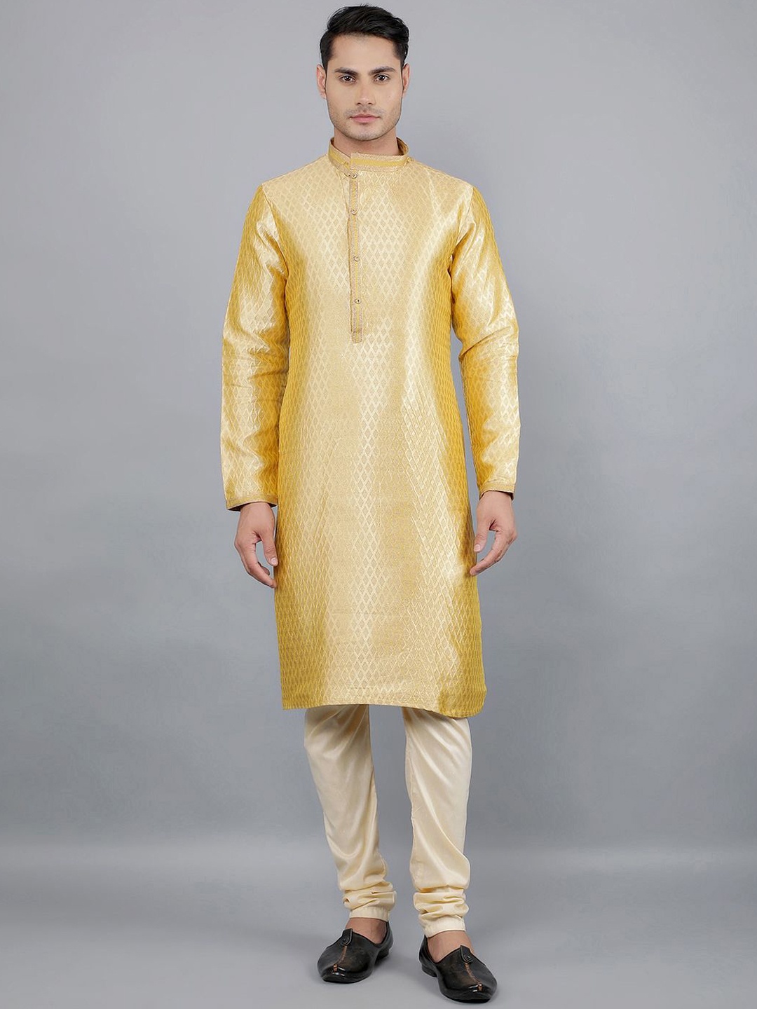 Manish Creations Geometric Woven Design Mandarin Collar Jacquard Kurta With Churidar, Gold
Manish Creations Geometric Woven Design Mandarin Collar Jacquard Kurta With Churidar, Gold
