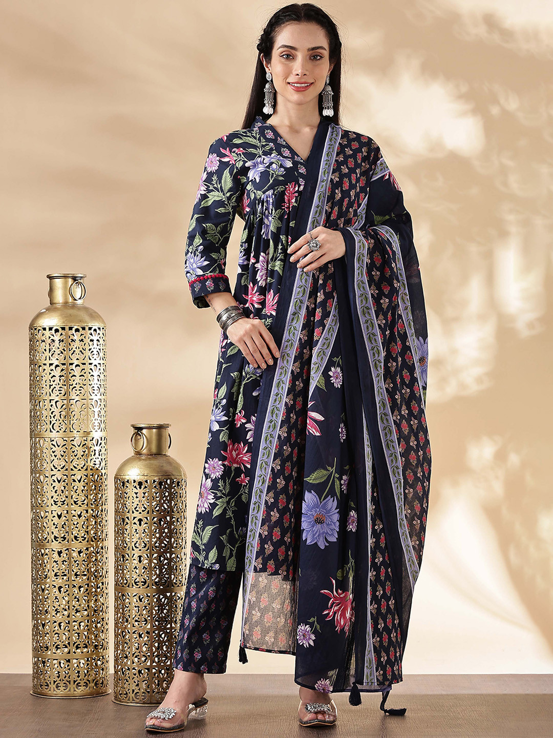 Anouk Navy Blue Floral Printed V-Neck Pure Cotton Anarkali Kurta With Trouser And Dupatta
Anouk Navy Blue Floral Printed V-Neck Pure Cotton Anarkali Kurta With Trouser And Dupatta