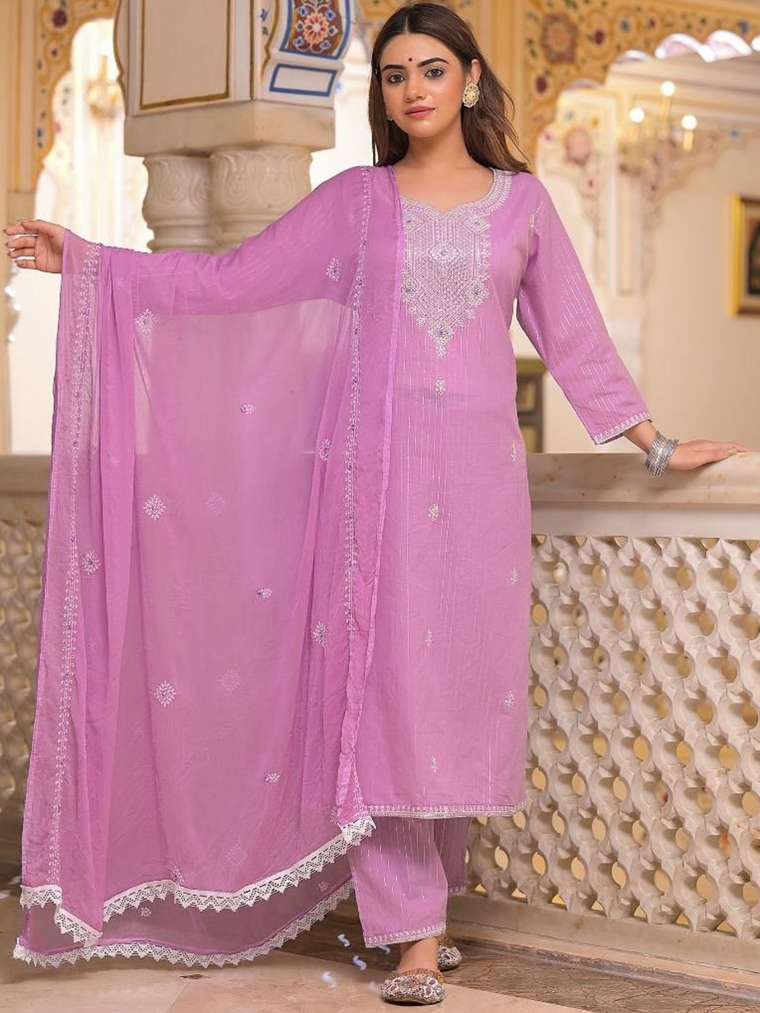 Gauric creation Striped Embroidered Sequinned Pure Cotton Kurta With Trousers And Dupatta, Lavender
Gauric creation Striped Embroidered Sequinned Pure Cotton Kurta With Trousers And Dupatta, Lavender