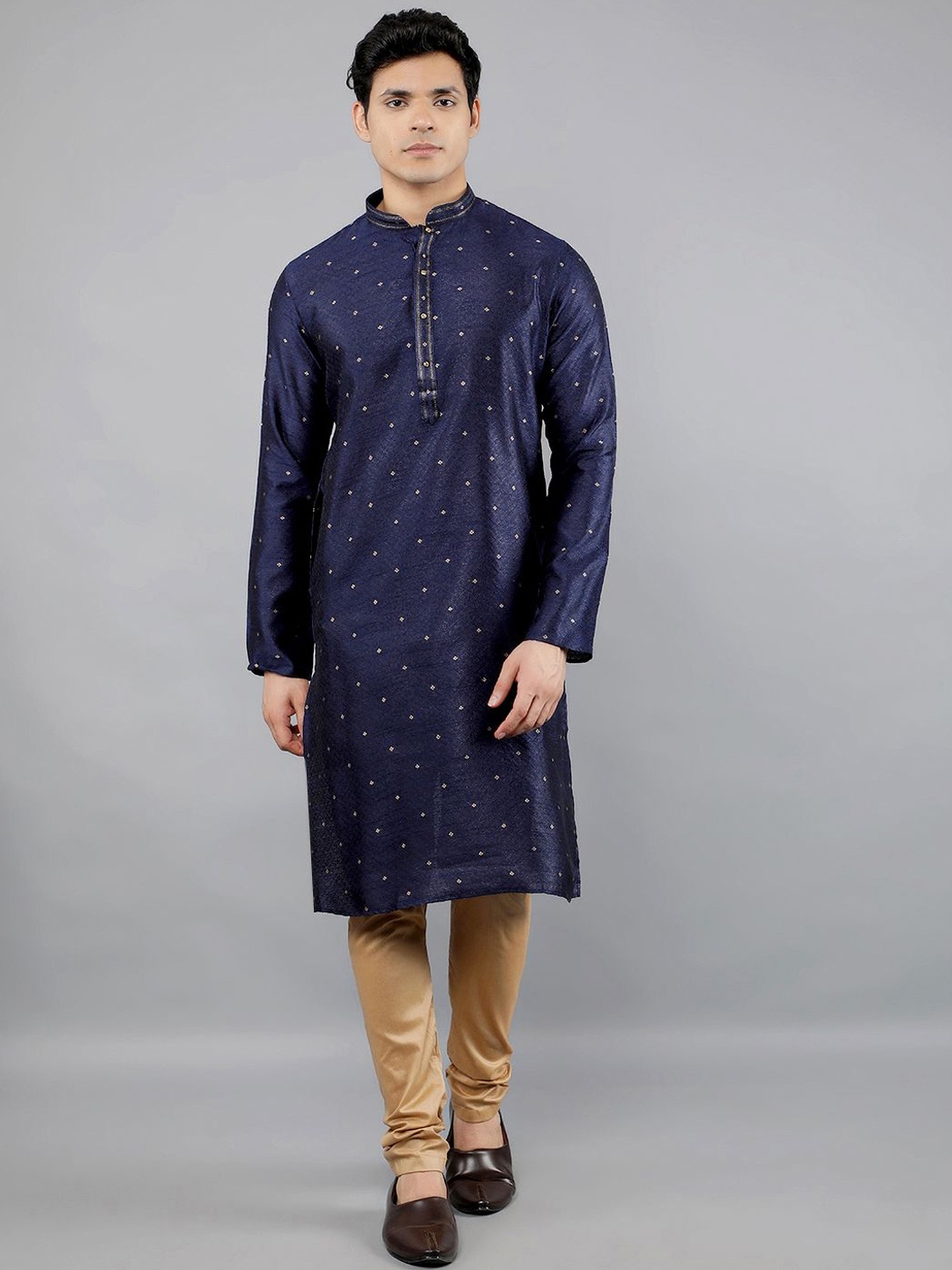 Manish Creations Floral Woven Design Mandarin Collar Jacquard Straight Kurta With Churidar, Navy blue
Manish Creations Floral Woven Design Mandarin Collar Jacquard Straight Kurta With Churidar, Navy blue