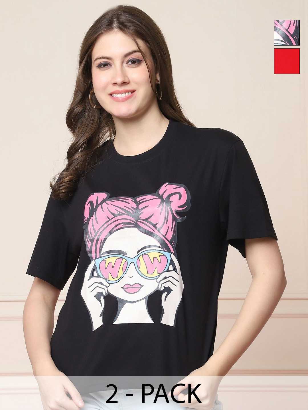 Dreambe Women Pack Of 2 Graphic Printed Round Neck Cotton Oversized T-shirts, Black
Dreambe Women Pack Of 2 Graphic Printed Round Neck Cotton Oversized T-shirts, Black