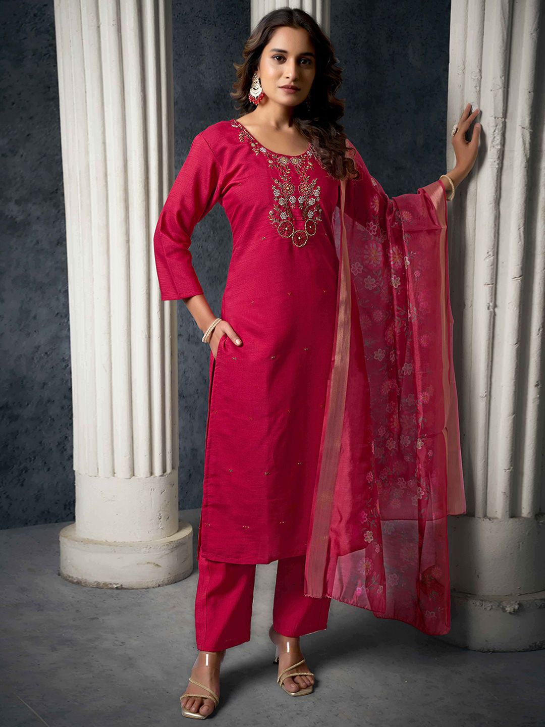 Peachmode Floral Yoke Design Thread Work Straight Kurta With Trousers And Dupatta, Red
Peachmode Floral Yoke Design Thread Work Straight Kurta With Trousers And Dupatta, Red