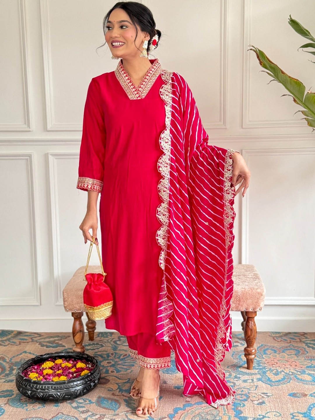 NKV V-Neck Floral Embroidered Sequinned Straight Kurta With Trousers And Dupatta, Pink
NKV V-Neck Floral Embroidered Sequinned Straight Kurta With Trousers And Dupatta, Pink