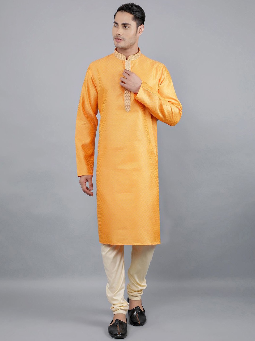 Manish Creations Geometric Woven Design Mandarin Collar Jacquard Kurta With Churidar, Orange
Manish Creations Geometric Woven Design Mandarin Collar Jacquard Kurta With Churidar, Orange