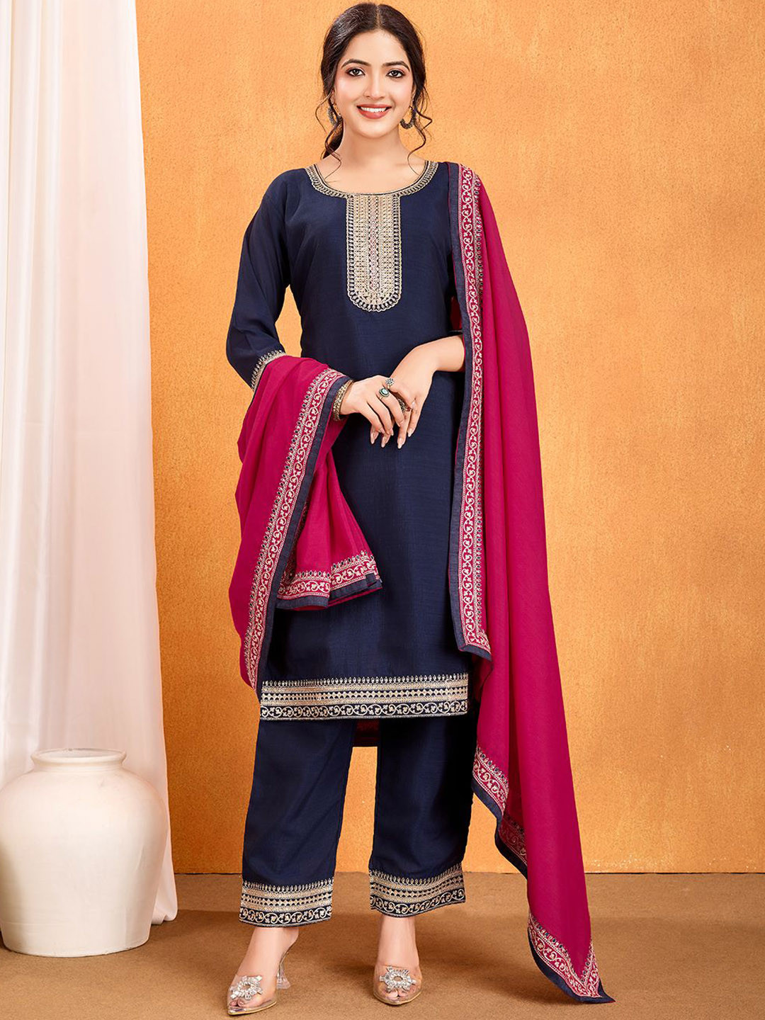 Ekta Textiles Floral Yoke Design Jacquard Weave Straight Kurta With Trouser And Dupatta, Navy blue
Ekta Textiles Floral Yoke Design Jacquard Weave Straight Kurta With Trouser And Dupatta, Navy blue