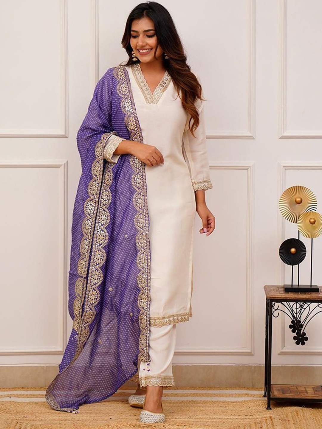 NKV V-Neck Floral Embroidered Sequinned Straight Kurta With Trousers And Dupatta, White
NKV V-Neck Floral Embroidered Sequinned Straight Kurta With Trousers And Dupatta, White