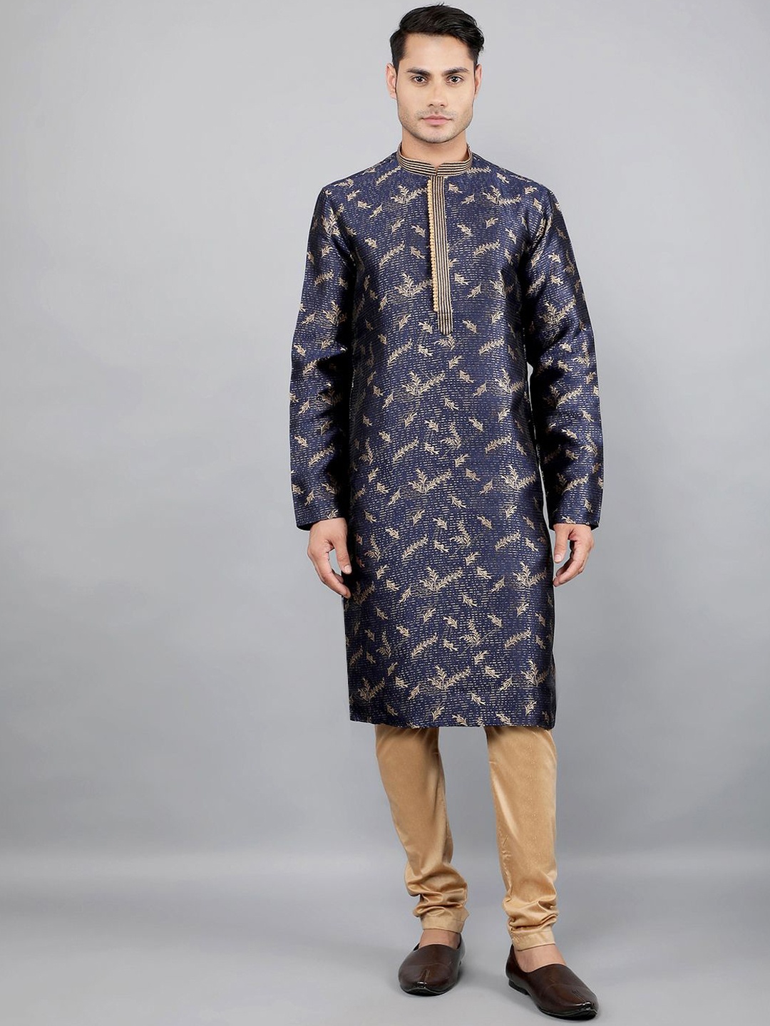 Manish Creations Floral Woven Design Mandarin Collar Jacquard Straight Kurta With Churidar, Navy blue
Manish Creations Floral Woven Design Mandarin Collar Jacquard Straight Kurta With Churidar, Navy blue
