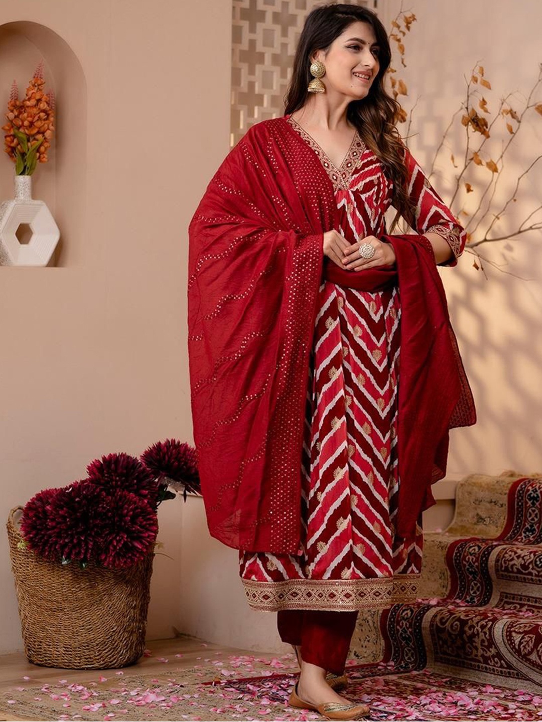 Gauric creation Chevron Printed Zari Chinon A-Line Kurta With Trousers And Dupatta, Maroon
Gauric creation Chevron Printed Zari Chinon A-Line Kurta With Trousers And Dupatta, Maroon