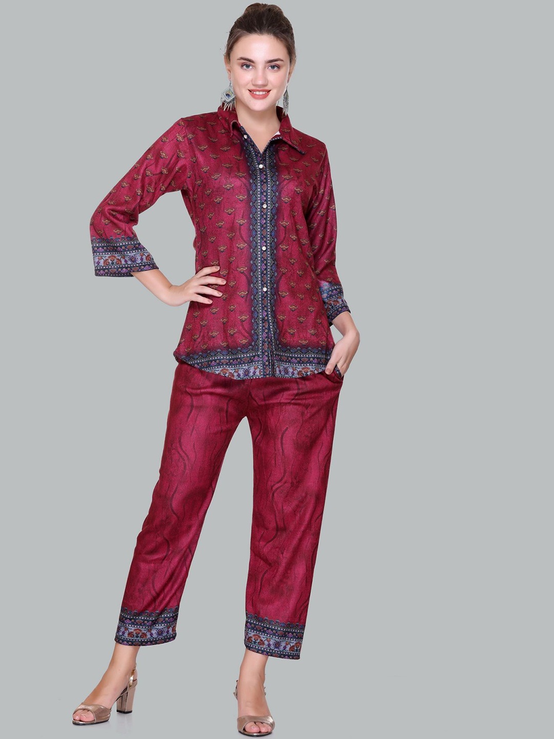 Pink Berry Ethnic Motifs Printed Shirt Collar Three-Quarter Sleeves Shirt With Trousers, Red
Pink Berry Ethnic Motifs Printed Shirt Collar Three-Quarter Sleeves Shirt With Trousers, Red