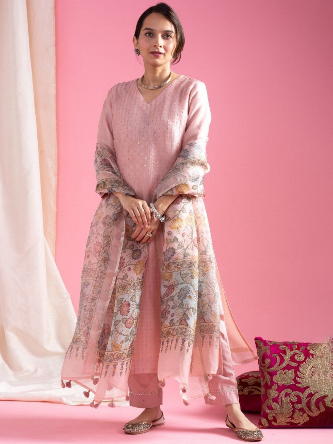 Shatanuvart Export Floral Embroidered V-Neck Sequinned Kurta with Trousers & Dupatta, Peach
Shatanuvart Export Floral Embroidered V-Neck Sequinned Kurta with Trousers & Dupatta, Peach