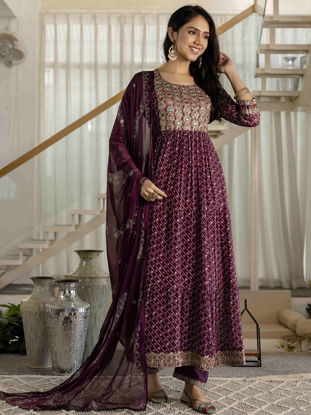 Gauric creation Floral Printed Embroidered Zari A-Line Kurta With Trousers And Dupatta, Maroon
Gauric creation Floral Printed Embroidered Zari A-Line Kurta With Trousers And Dupatta, Maroon