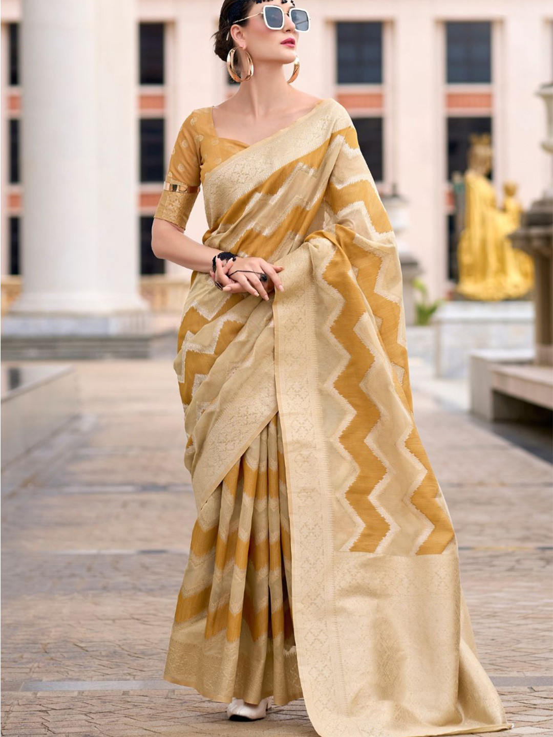 DEVATITHI Woven Design Mustard Cotton Linen Silk Saree
DEVATITHI Woven Design Mustard Cotton Linen Silk Saree