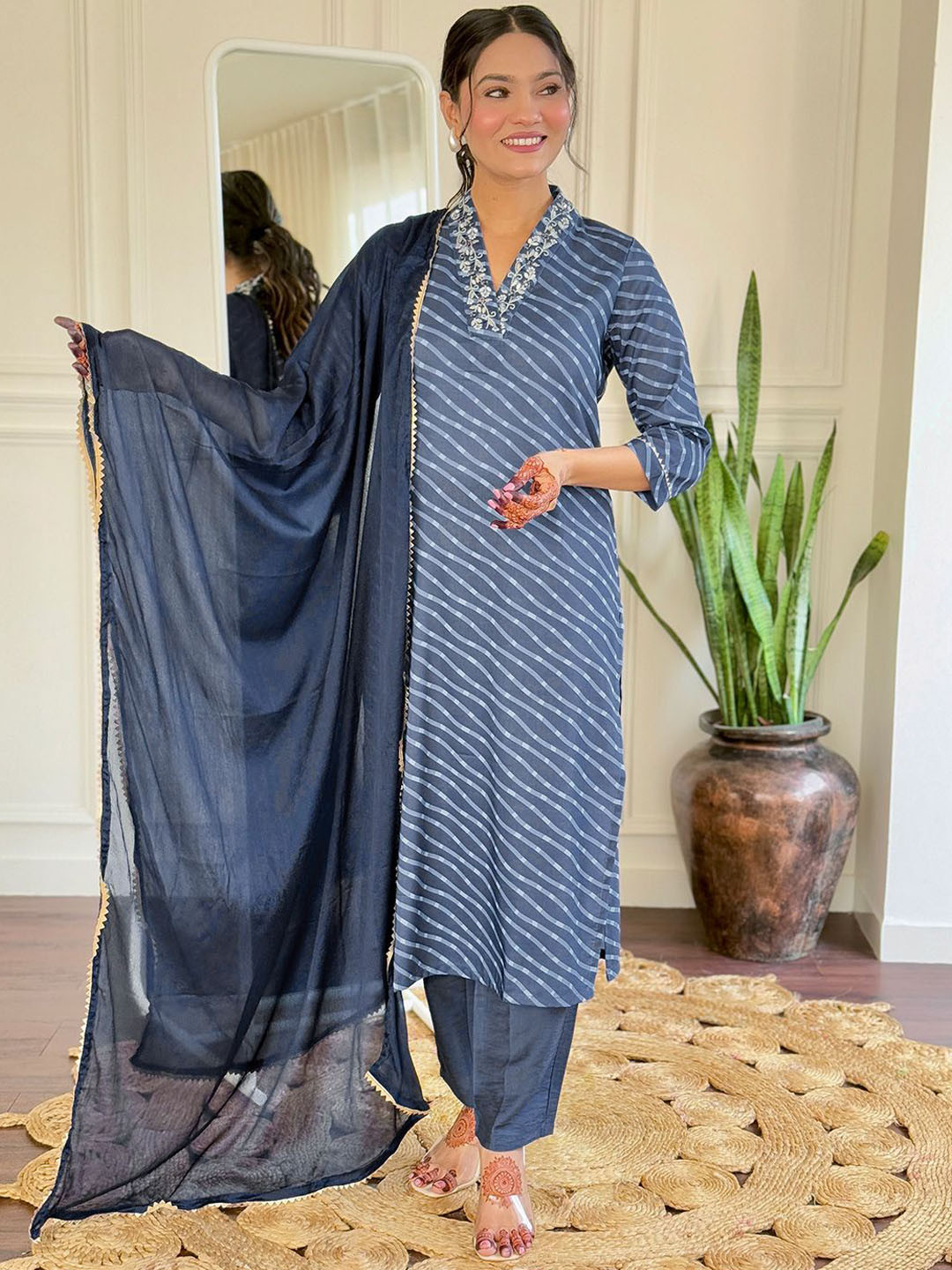 KALINI Leheriya Printed Cotton Blend V-Neck Straight Kurta With Trousers And Dupatta, Blue
KALINI Leheriya Printed Cotton Blend V-Neck Straight Kurta With Trousers And Dupatta, Blue