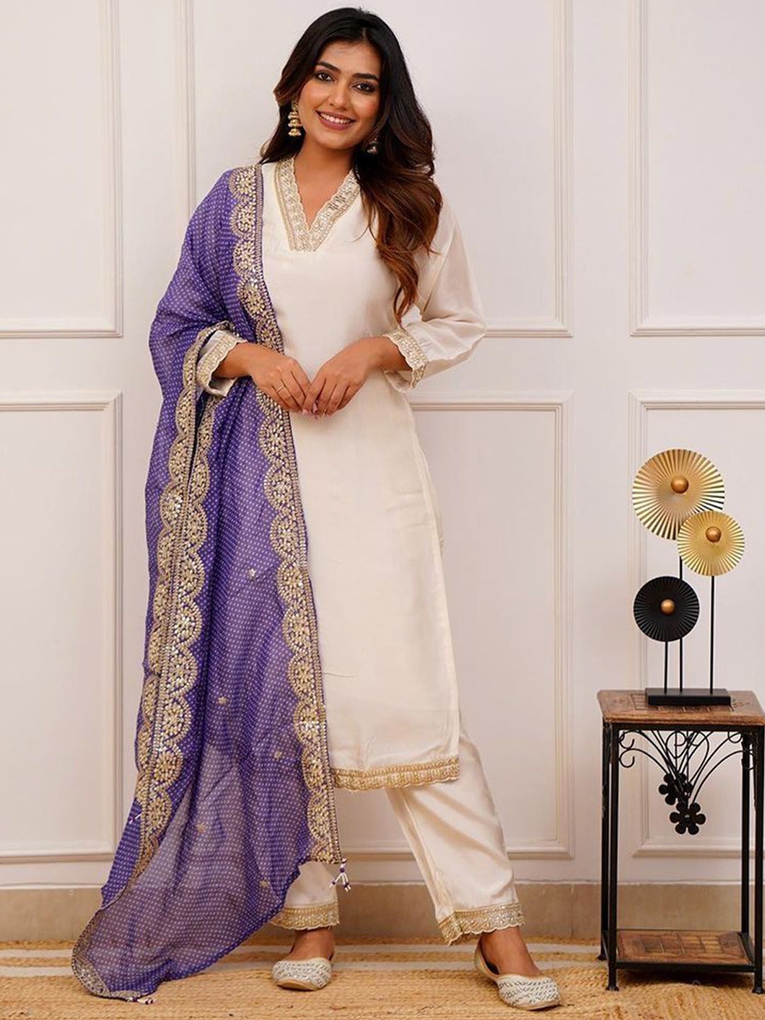NKV V-Neck Floral Embroidered Sequinned Straight Kurta With Trousers And Dupatta, White
NKV V-Neck Floral Embroidered Sequinned Straight Kurta With Trousers And Dupatta, White