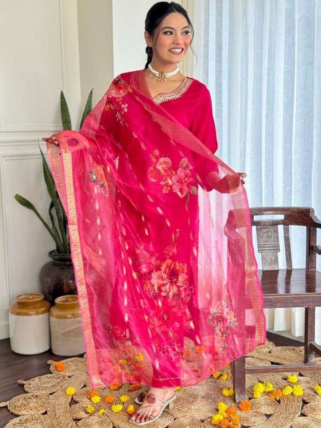 KAUTIK FABRICS Floral Embroidered Chanderi Silk Kurta With Trousers And Dupatta, Red
KAUTIK FABRICS Floral Embroidered Chanderi Silk Kurta With Trousers And Dupatta, Red