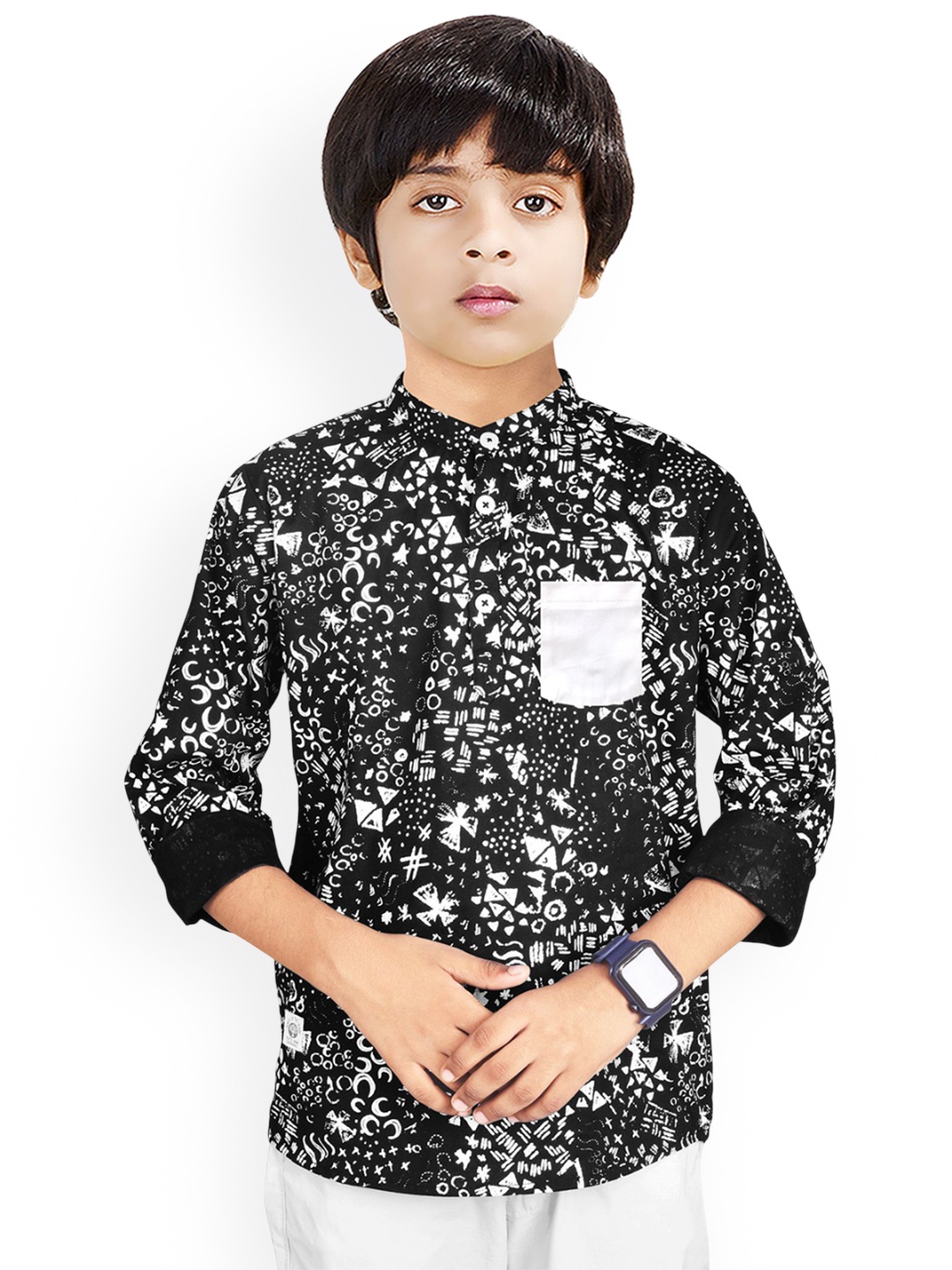 MADE IN THE SHADE Boys Quirky Printed Band Collar Pue Cotton Straight Short Kurtas, Black
MADE IN THE SHADE Boys Quirky Printed Band Collar Pue Cotton Straight Short Kurtas, Black
