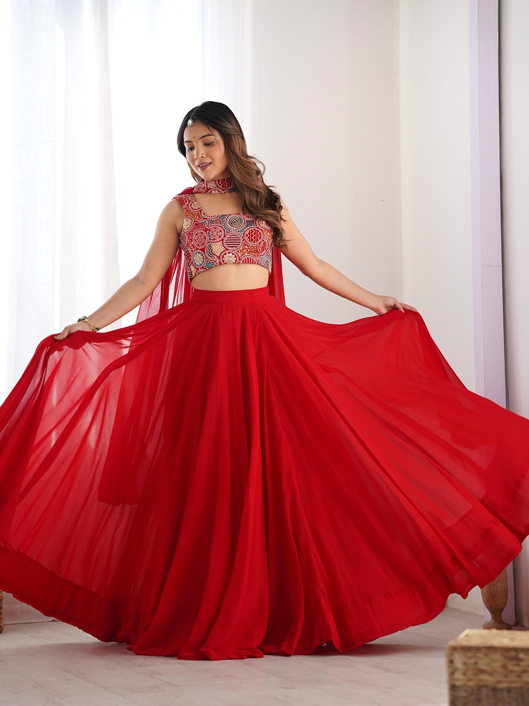 Tanhai Embroidered Sequinned Georgette Ready To Wear Lehenga & Blouse With Dupatta, Red
Tanhai Embroidered Sequinned Georgette Ready To Wear Lehenga & Blouse With Dupatta, Red
