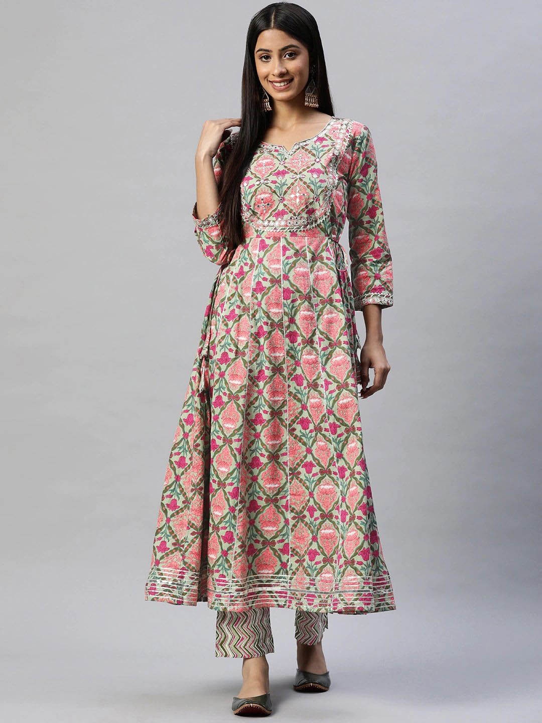 Chandbaali Floral Printed Mirror Work Anarkali Pure Cotton Kurta With Trousers, Green
Chandbaali Floral Printed Mirror Work Anarkali Pure Cotton Kurta With Trousers, Green