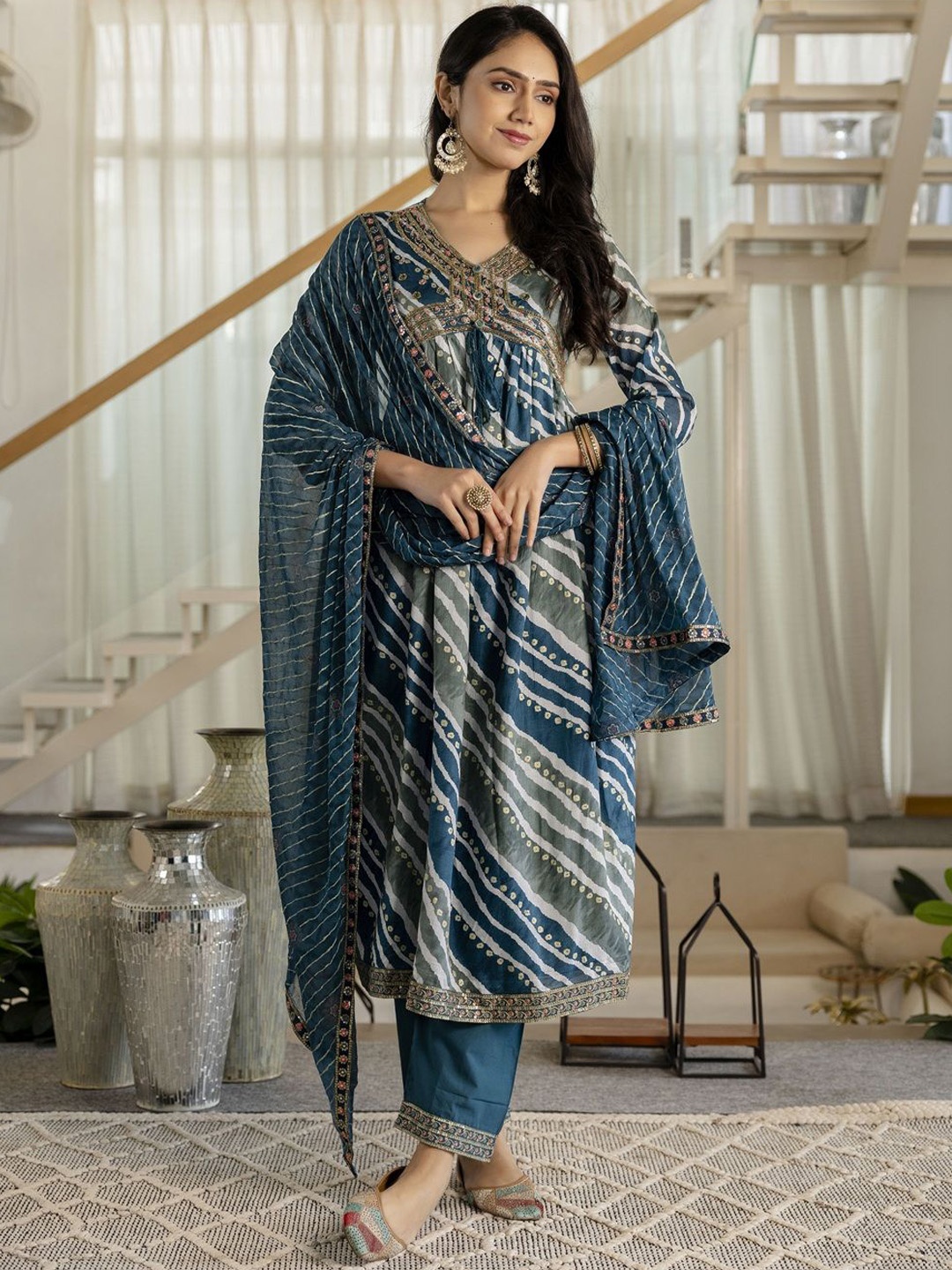 Gauric creation Bandhani Printed Beads And Stones A-Line Kurta With Trousers And Dupatta, Blue
Gauric creation Bandhani Printed Beads And Stones A-Line Kurta With Trousers And Dupatta, Blue