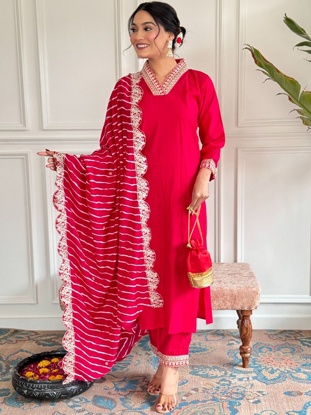 NKV V-Neck Floral Embroidered Sequinned Straight Kurta With Trousers And Dupatta, Pink
NKV V-Neck Floral Embroidered Sequinned Straight Kurta With Trousers And Dupatta, Pink